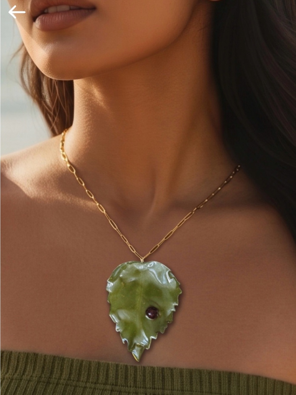 Gold Chain Necklace with Green Leaf Pendant